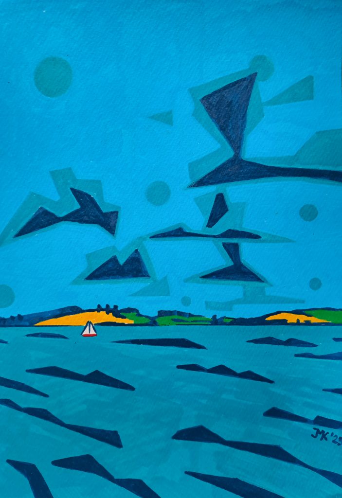 Eckernförde I, ein Bild, welches die Eckernförder Bucht von Norden aus zeigt, in einem expressionistisch-kubistischen Stil